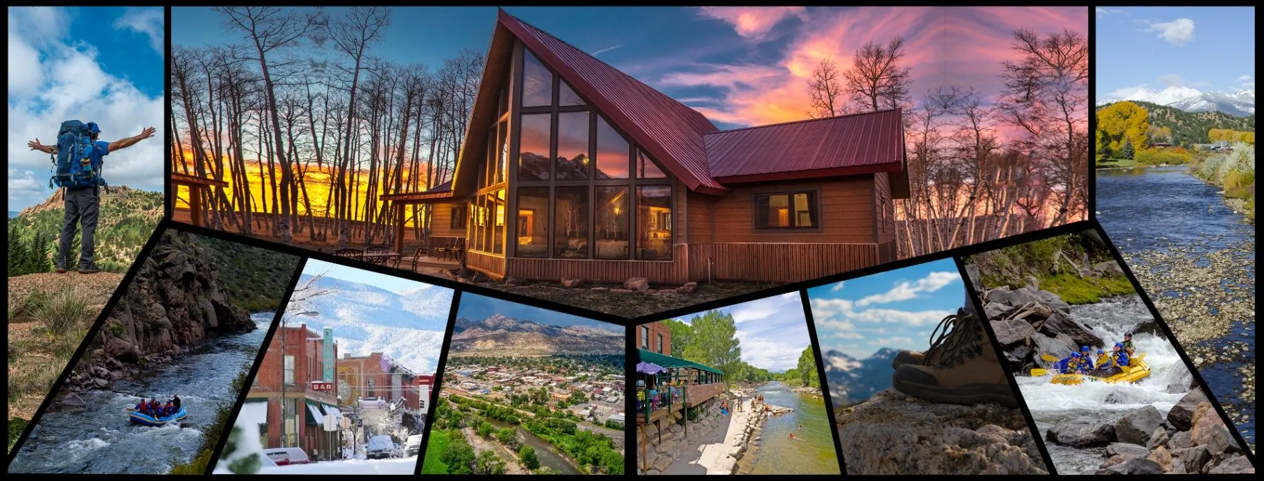 A collage of Colorado mountain homes, rivers, outdoor recreation, and local communities